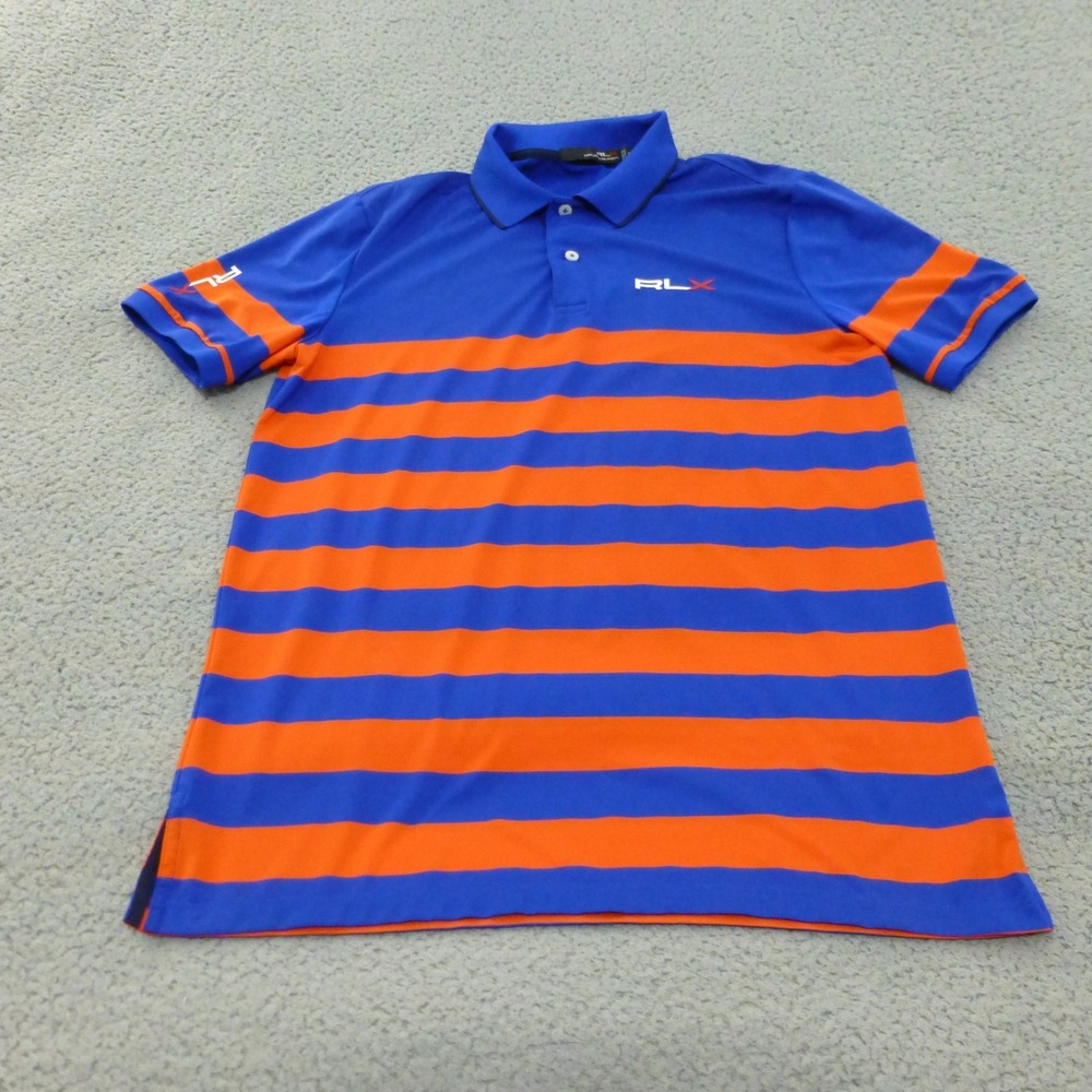 RLX Ralph Lauren Golf Polo Shirt Mens Medium Blue Orange Striped Performance